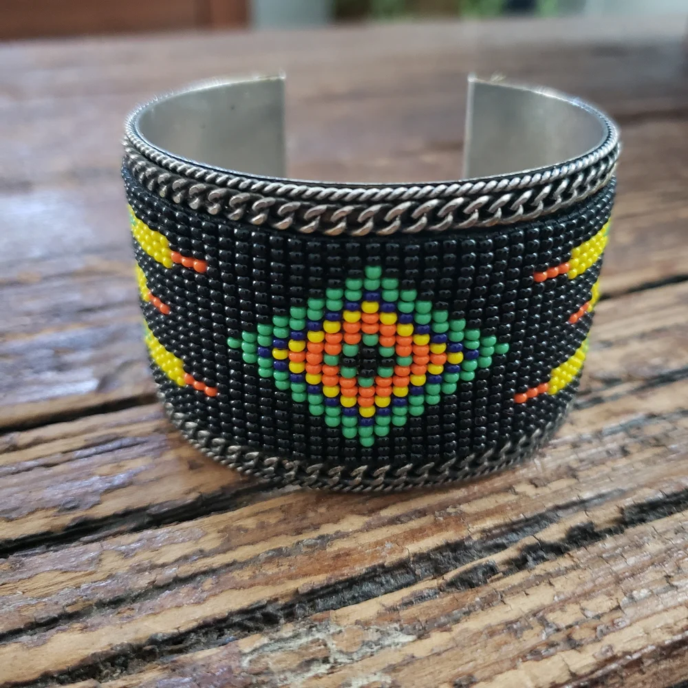 Handcrafted Beaded Cuff Bracelet - Black, Yellow, Green, Orange